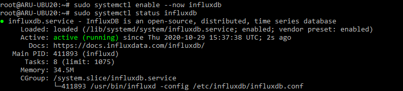 InfluxDB avviato ed abilitato ad esecuzione automatica