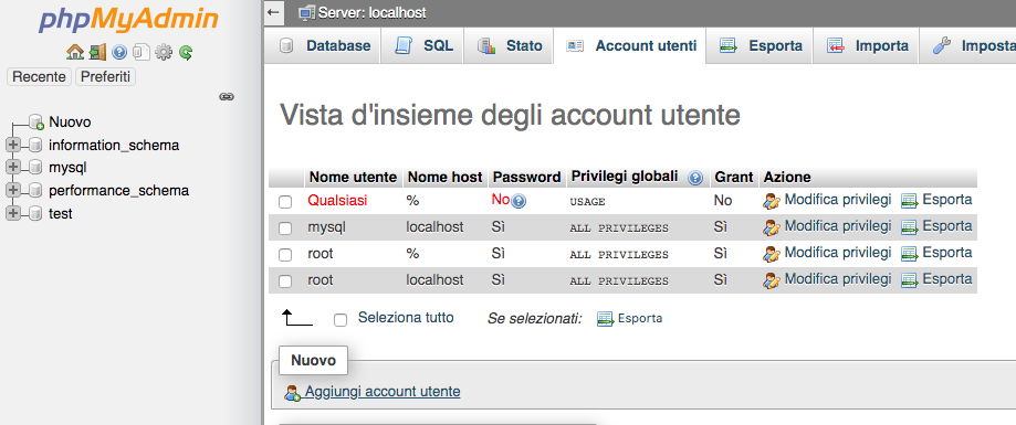 Account Utenti PhpMyAdmin