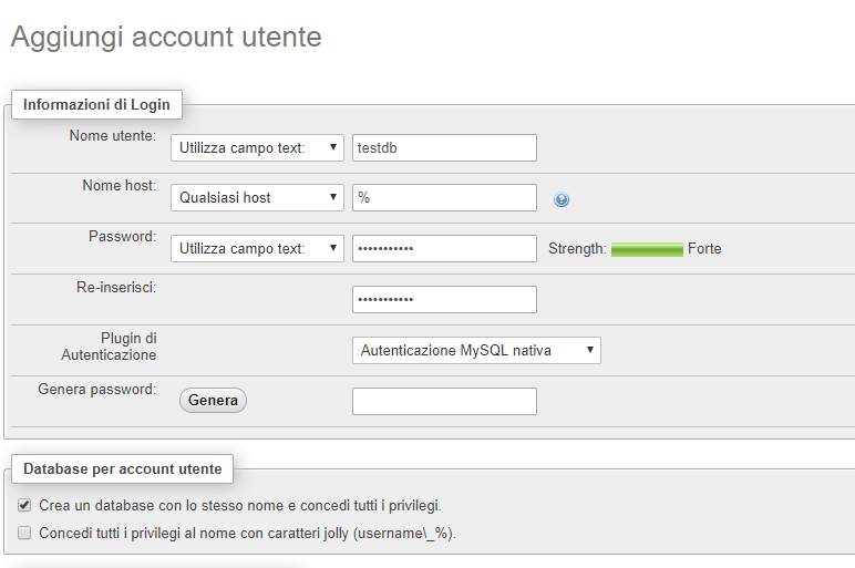 Crea nuovo database PhpMyAdmin