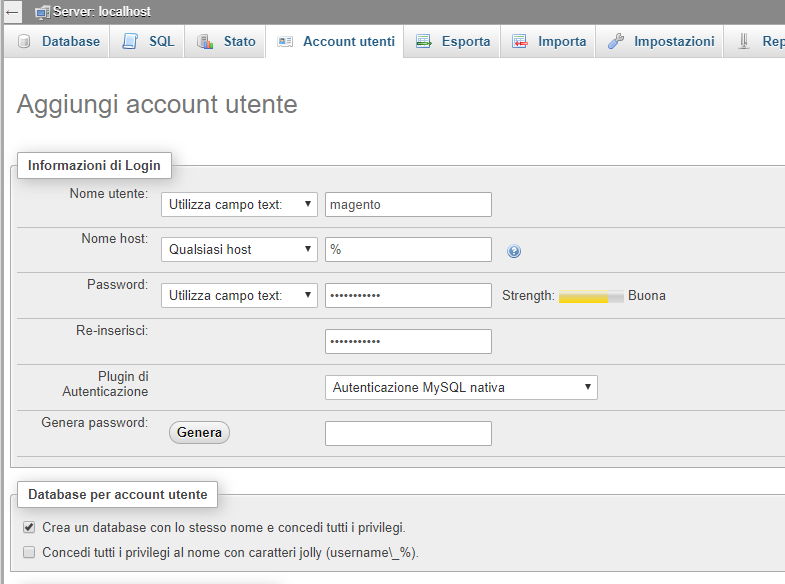 Aggiungi account PhpMyAdmin