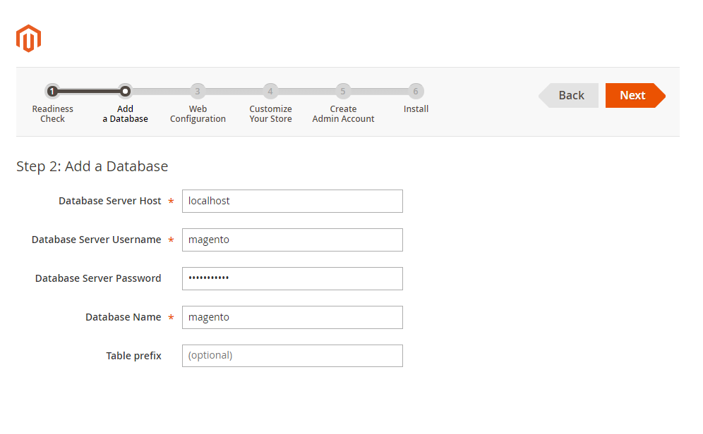 configurazione database Magento