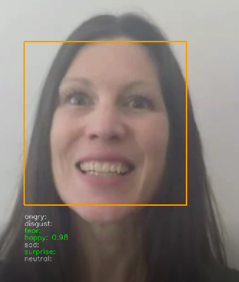 Il volto di una donna con un'espressione sorridente. Il volto è inquadrato da un rettangolo con i bordi color ocra. In sovrimpressione sono stampati i valori di probabilità dell'analisi. Un valore di 0.98 per la categoria 'felice' indica che l'analisi è riuscita. È il risultato del blocco codice di esempio.