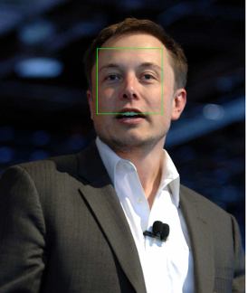Una fotografia a mezzo busto di Elon Musk. Il suo volto è inquadrato da un rettangolo con dei bordi verde fluorescente, dimostrando l'effettiva riuscita del processo di riconoscimento. È il risultato del blocco codice di esempio.