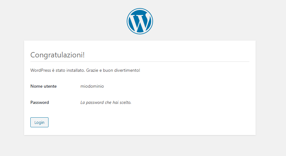 Fine installazione di Wordpress