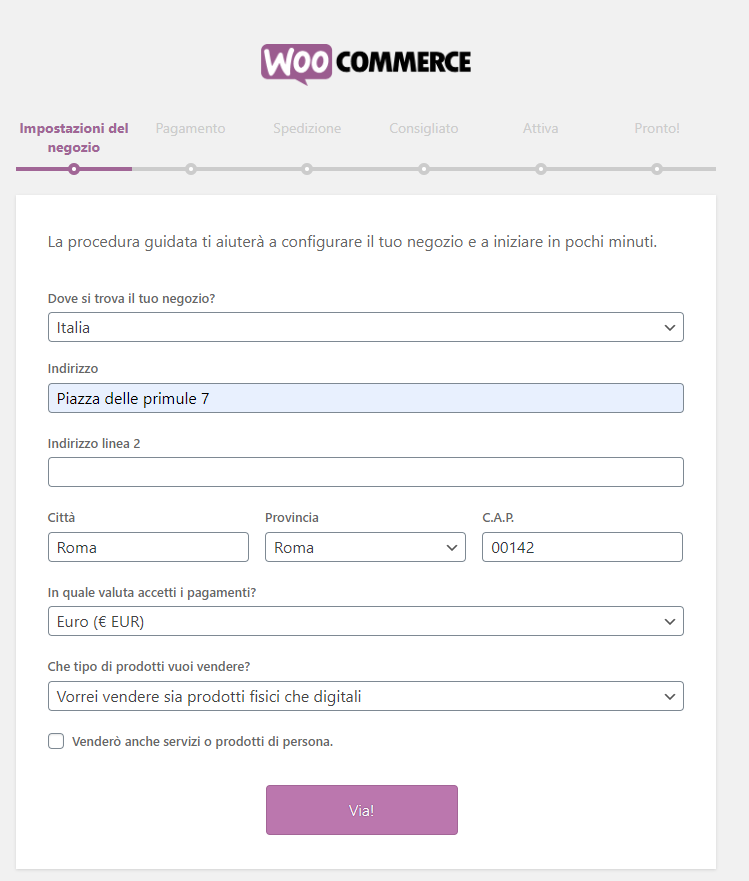 Configurazione negozio WooCommerce