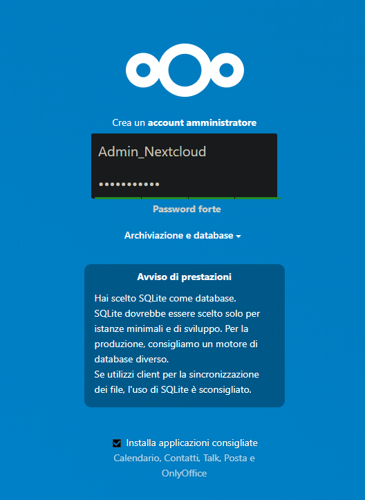 Pagina di primo accesso al servizio NextCloud