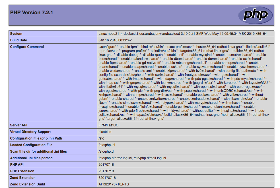 Informazioni della versione PHP installata