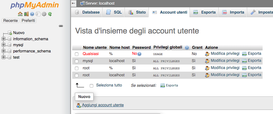 Account utenti su PhpMyAdmin