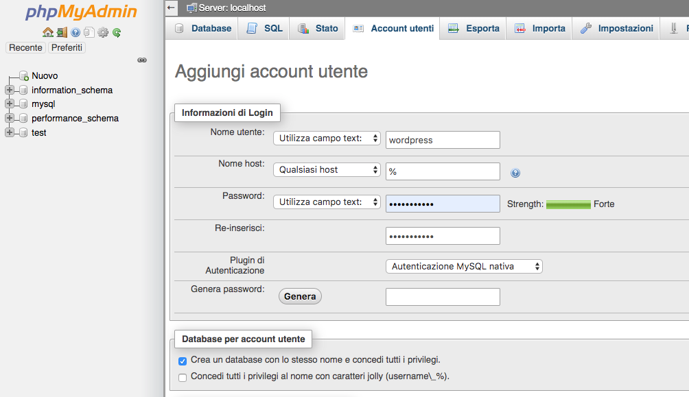 Crea utente e database per Wordpress su PhpMyAdmin