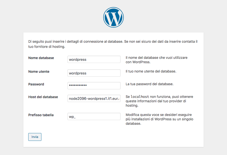Informazioni utente e database Wordpress con Jelastic Cloud