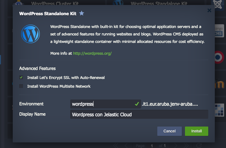 Configura istanza di Wordpress con Jelastic Cloud