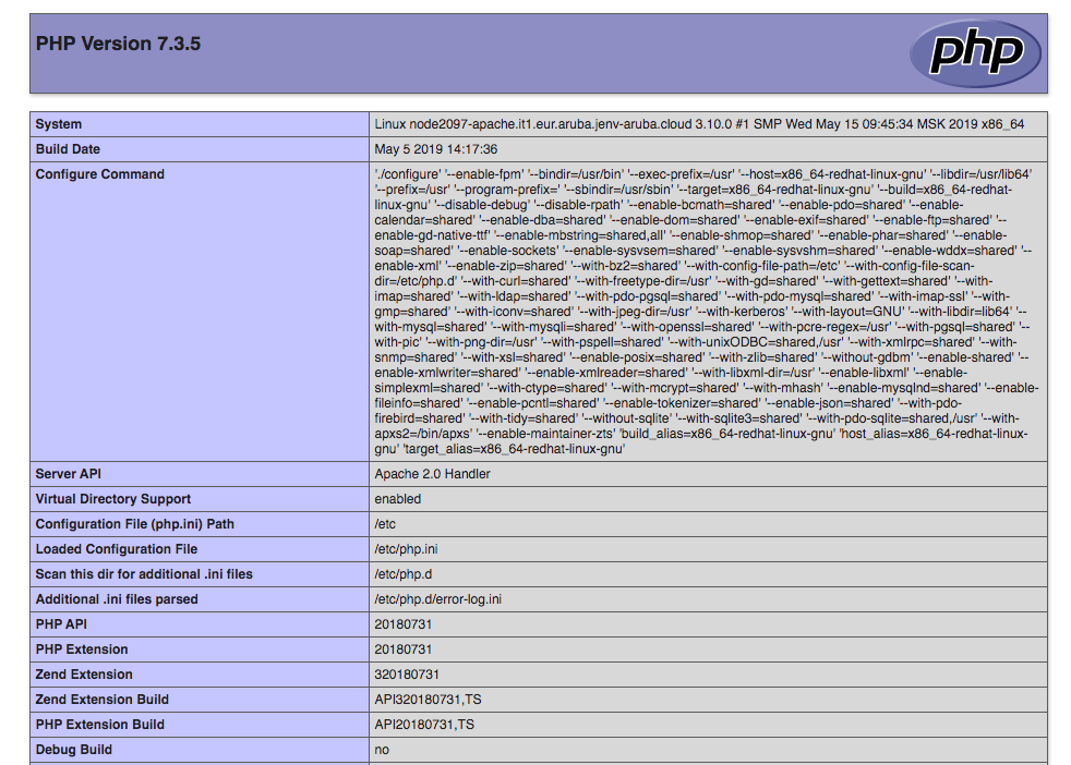 Informazioni della versione PHP installata