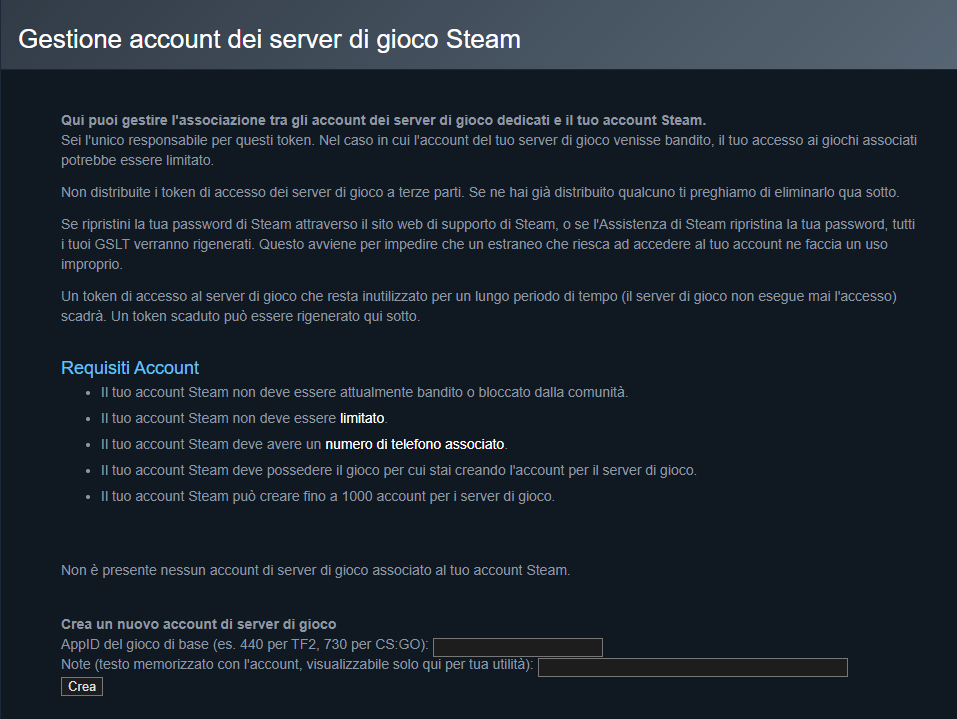 Crea un account per il server di gioco