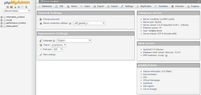 Dashboard di PhpMyAdmin