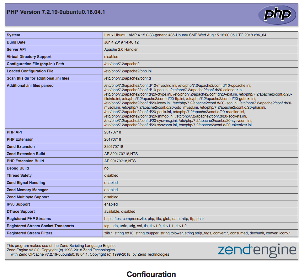 Pagina info di PHP su Ubuntu