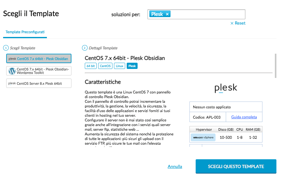 Aruba Cloud - Template CentOS con Plesk