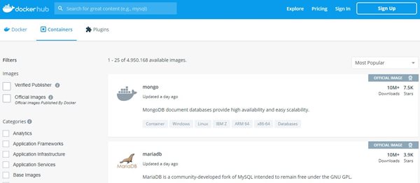 Alcune immagini disponibili nel registry pubblico del Docker hub